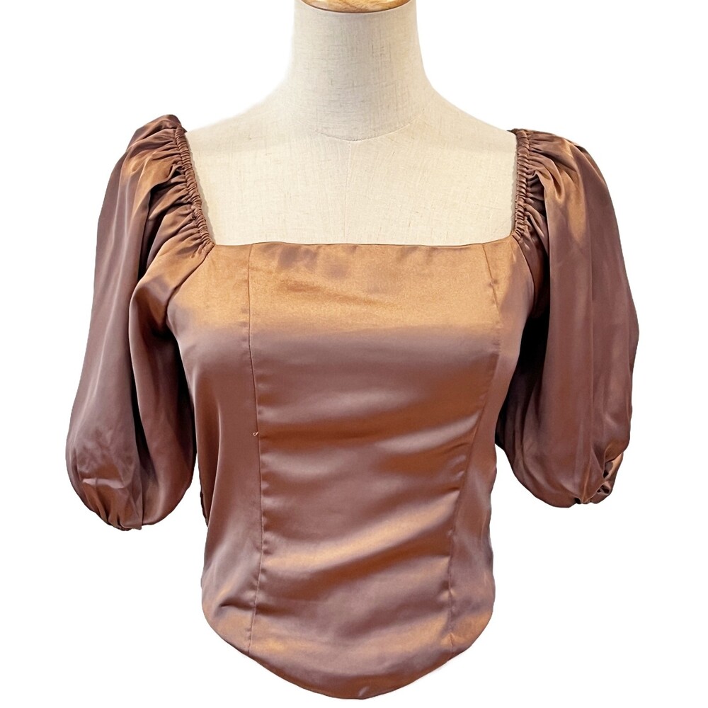 Ro & De NEW Bronze Satin Top Balloon Puff Sleeves Smocked Back Square Neck NEW